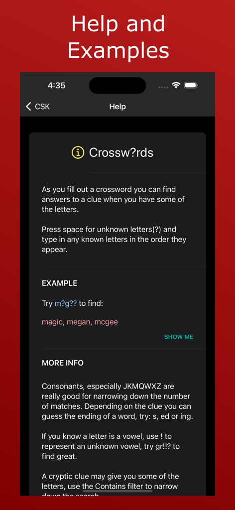 Crossword Solver King - Crossword Solver King help screen showing tips for finding words with missing letters.