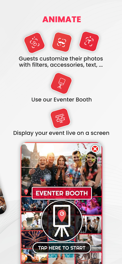 Eventer app interface showing photobooth mode, photo filters, and live screen display features for events