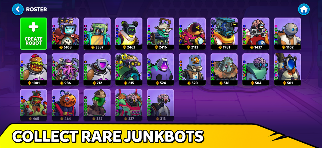 A menu screen displaying a grid of unique robots crafted from everyday junk items in the Junkineering game.