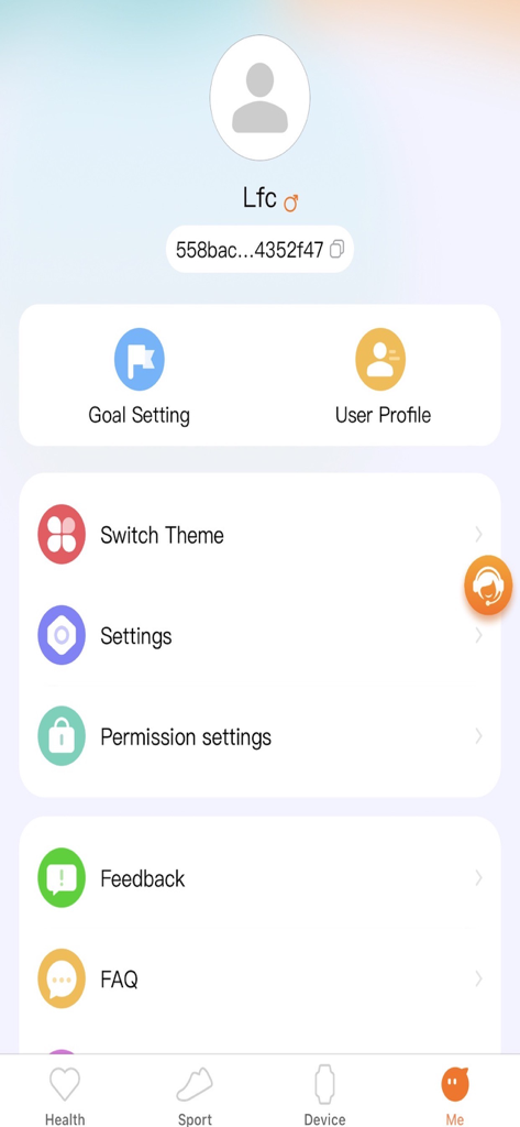AuraFit - User profile and account settings screen in the AuraFit mobile application showing options for goal setting theme switching and feedback