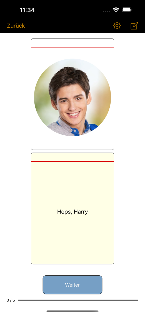 TT Tutor - A digital flashcard in the TT Tutor app showing a student photo and name for teacher memorization