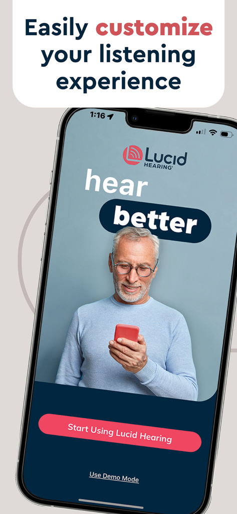 Lucid Hearing - Lucid Hearing app welcome screen on an iPhone showing an active senior man using his smartphone to hear better.