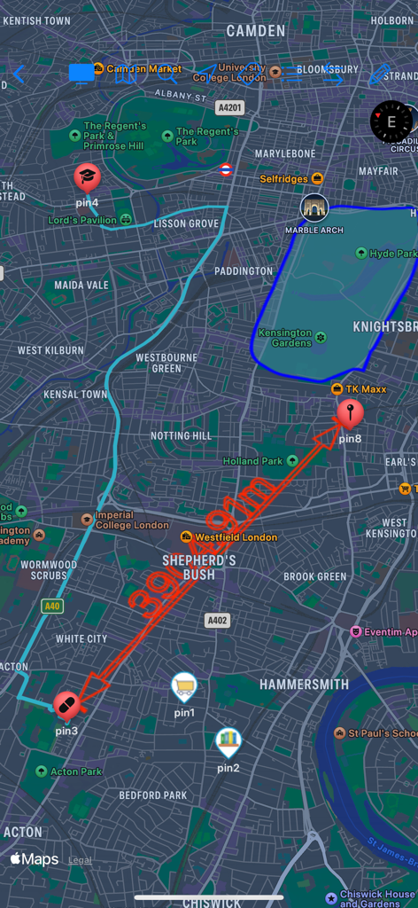Map Notes - Vista del mapa con rutas personalizadas dibujadas a mano y marcadores de ubicación personalizados en la aplicación Map Notes