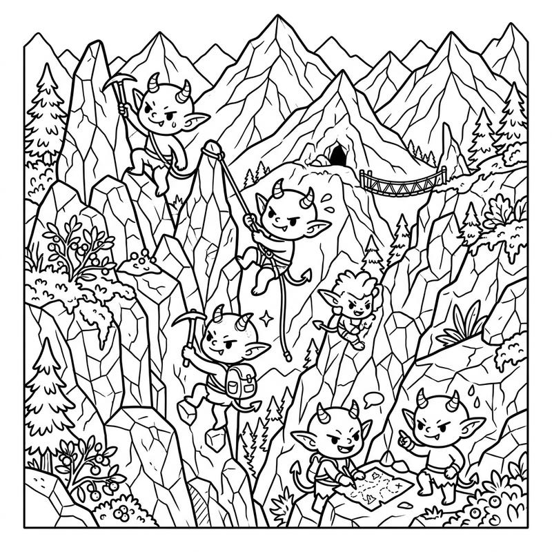Embark on an exciting journey with our Mountain Goblins coloring page, showcasing these nimble creatures in their rugged habitat. Perfect for adventurers of all ages, this intricate design promises hours of creative fun.