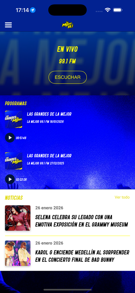 La Mejor FM 99.1 - Tela inicial do aplicativo La Mejor FM 99.1 com streaming de rádio ao vivo e notícias de música