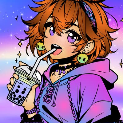 hot baddie anime girl drinking boba and biting the straw