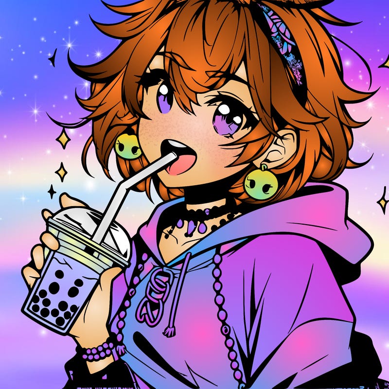 hot baddie anime girl drinking boba and biting the straw