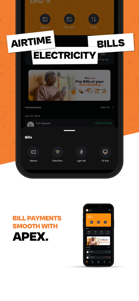 Apex: Buy, Sell & Trade Crypto - Apex app interface showing options for paying utility bills and airtime with cryptocurrency.
