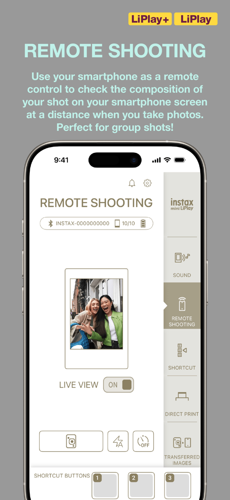 instax mini LiPlay - Smartphone screen showing the Remote Shooting feature of the instax mini LiPlay app