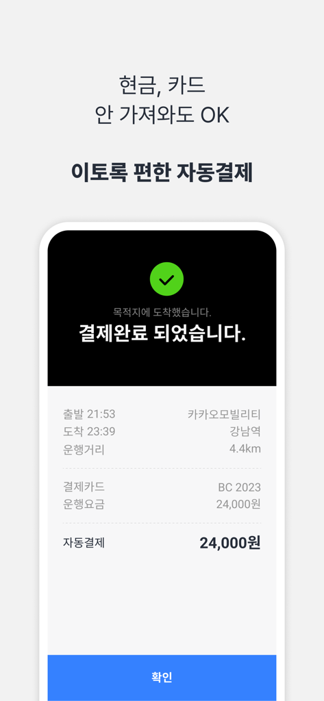 카카오 T 대리 - Kakao T Daeri mobile app screen showing successful automatic payment completion for a designated driver service