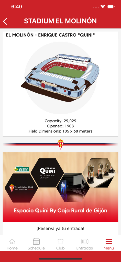 Real Sporting de Gijón App - Real Sporting de Gijon app screen displaying El Molinon stadium details history and ticket booking options