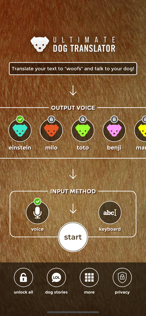 Human to Dog Translator Ultra - Interfaz de la aplicación Traductor Humano a Perro Ultra mostrando opciones de entrada de voz y teclado