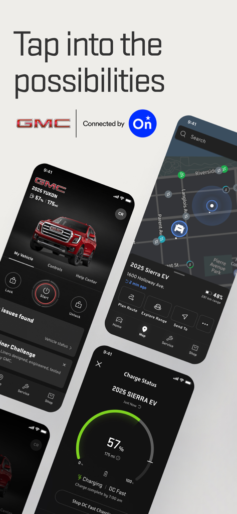 myGMC - Interface of the myGMC app showcasing remote vehicle controls, GPS location mapping, and electric vehicle charging status.