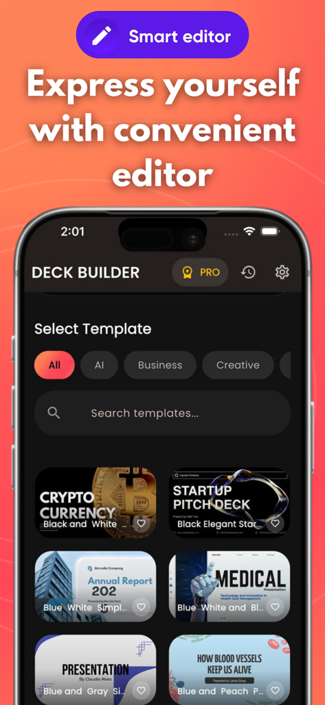 AI Slides: PPT Deck Builder - AI Slides app interface showing presentation templates for business and creative projects
