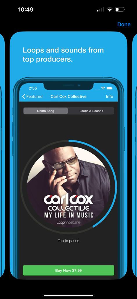 AudioCopy mobile app store featuring loops and sounds from producer Carl Cox