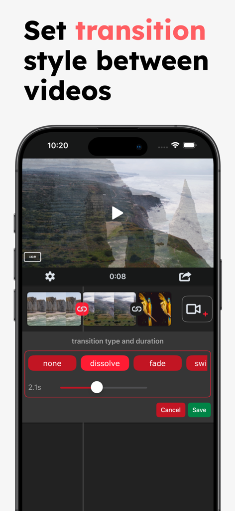 Merge Videos and Photos - Smartphone-Bildschirm, der Video-Übergangseinstellungen in der App Videos und Fotos zusammenführen anzeigt