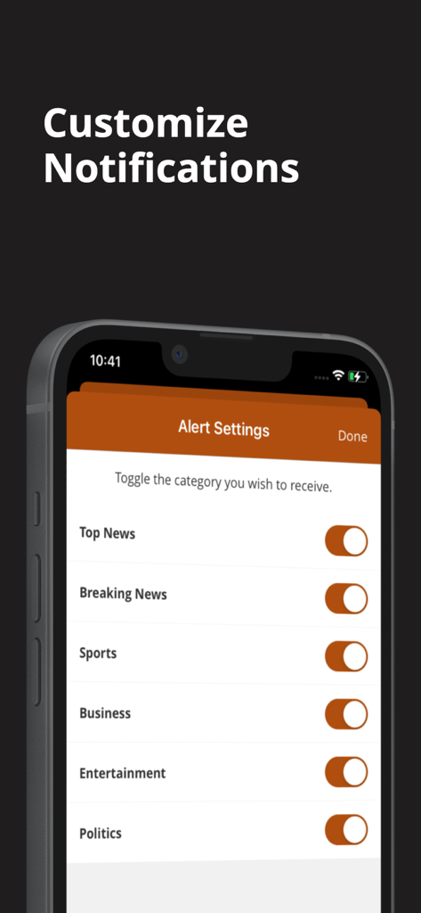 OCRegister - OCRegister app alert settings screen showing toggles to customize news notifications by category.