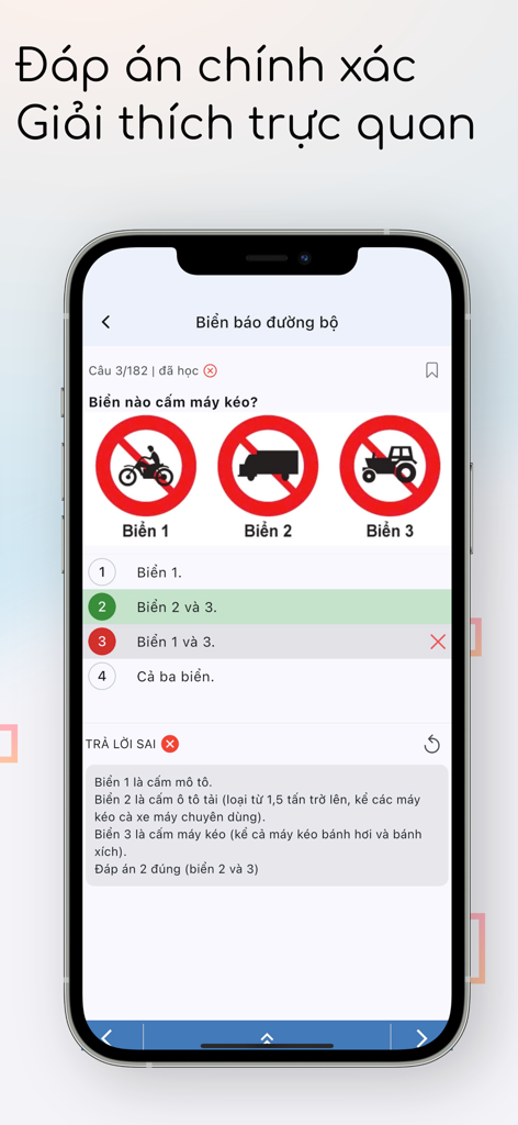 ベトナムの運転免許試験アプリ。道路標識に関する練習問題と、ベトナム語での詳細な解説が表示されています。