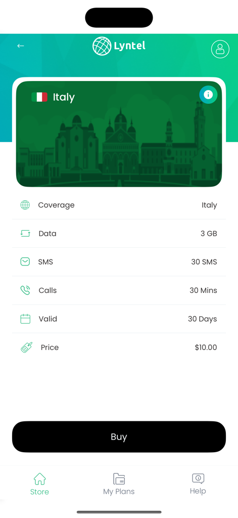 Lyntel eSIM - Lyntel eSIM app screen showing a three gigabyte travel data plan for Italy for ten dollars.