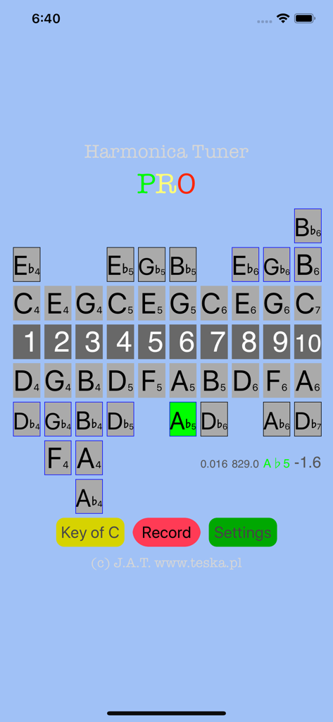 Screen of Harmonica Tuner Pro showing a 10 hole harmonica layout with real time note detection