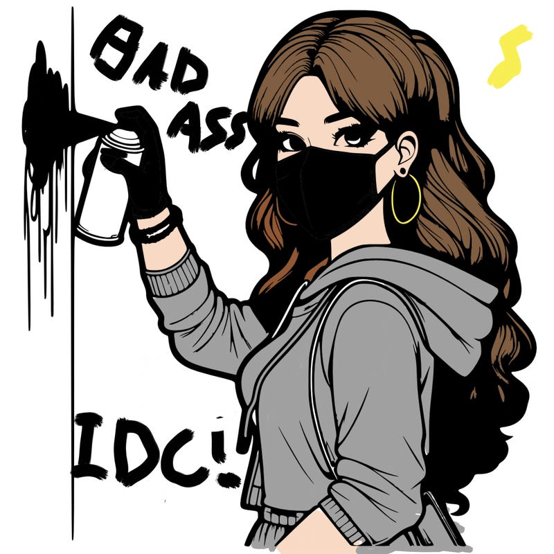 realistic girl with mask spray painting a wall