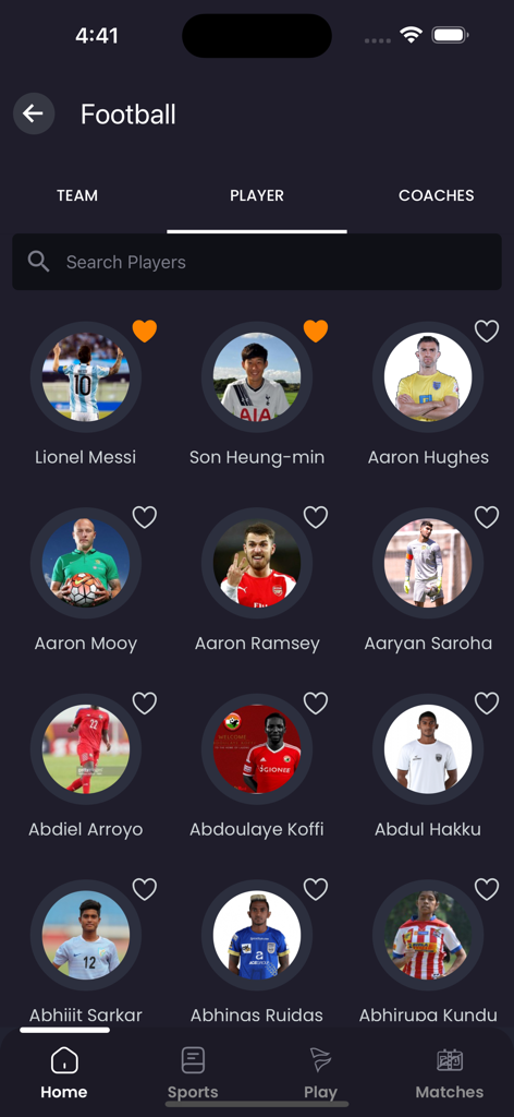 Football player selection screen in Khel Now app featuring a grid of profiles including Lionel Messi and Son Heung-min