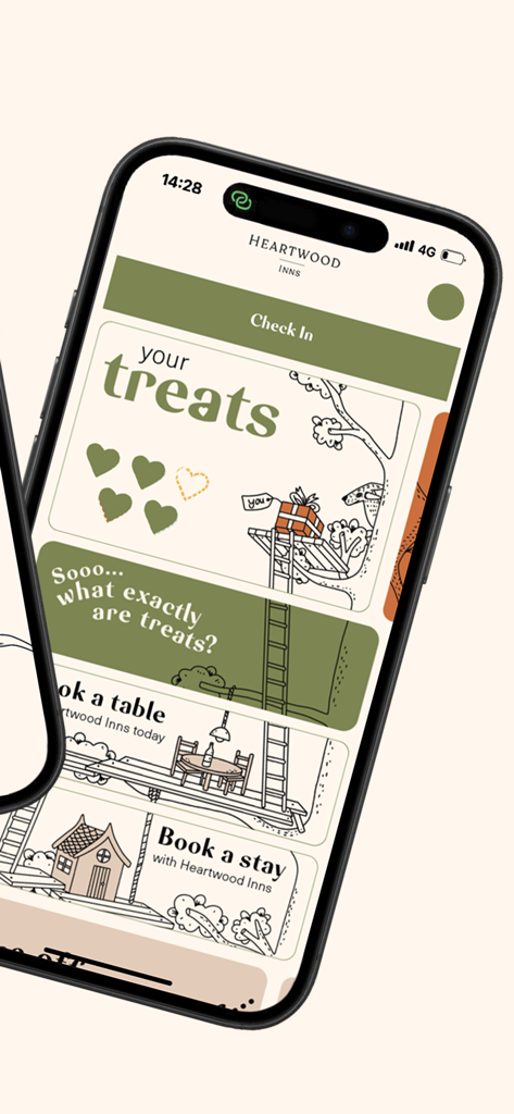 Heartwood Inns mobile app screen showing the Treats loyalty program and options to book a table or stay.