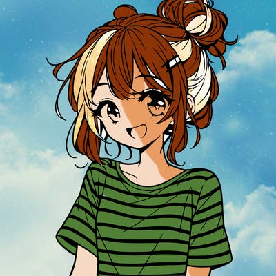 anime girl teenager striped shirt and smile and messy bun