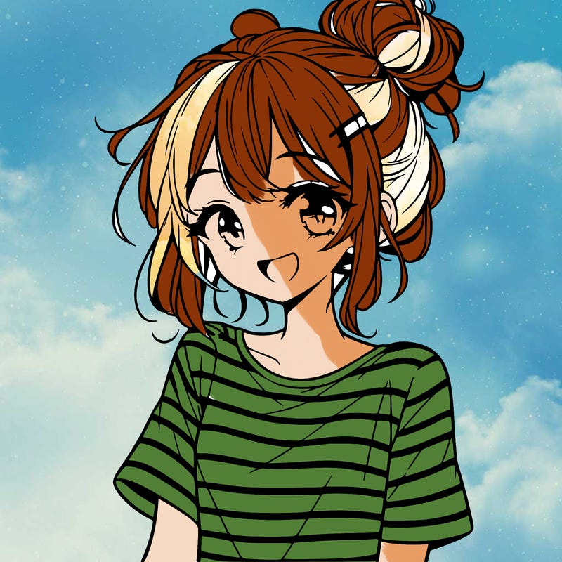 anime girl teenager striped shirt and smile and messy bun