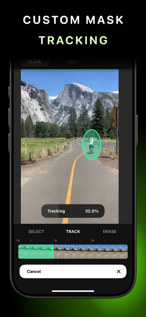 AI Video Eraser - AI Video Eraser app interface showing custom mask tracking of a cyclist for background removal