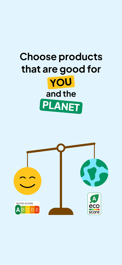 Open Food Facts app screen showing a scale balancing personal health and environmental impact with Nutri-Score and Eco-Score labels.