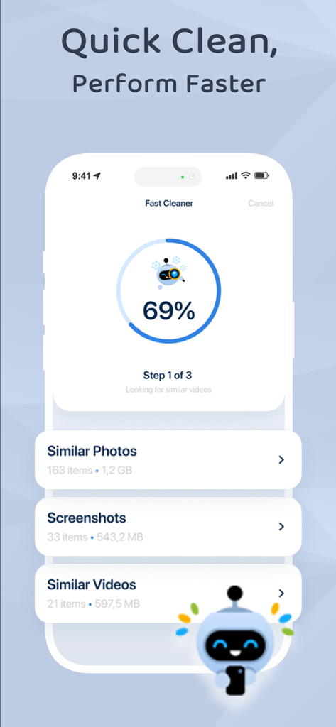 Boost Cleaner app interface showing a quick clean progress for similar photos screenshots and videos