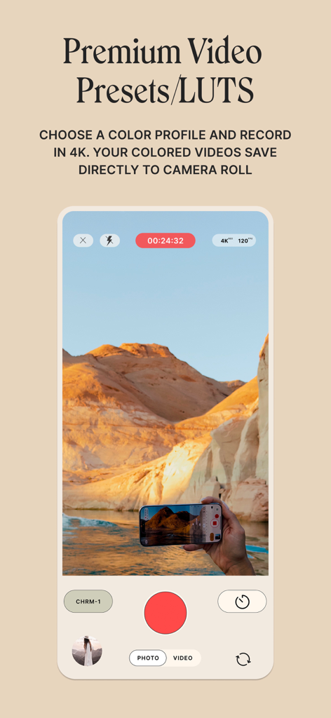 Phlow: Camera & Photo Editor - Phlow app interface showing premium video presets and LUTs for 4K recording