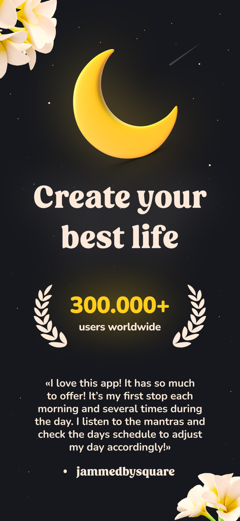 A testimonial for Navamsha Moon Phase Calendar app featuring a crescent moon icon and over 300,000 users worldwide.