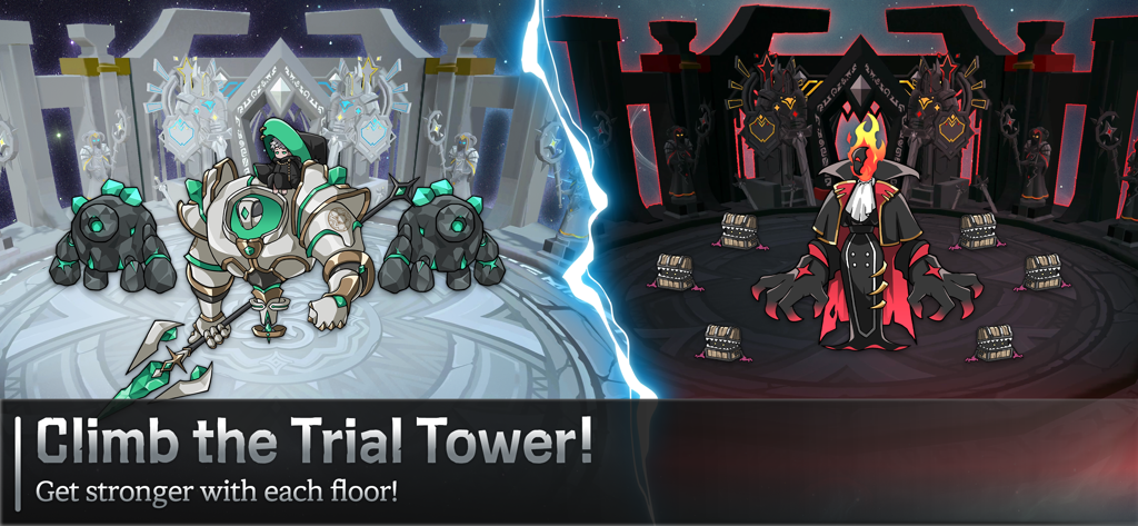 Ash N Veil : Fast Idle Action - A split screen showing a light themed guardian and a dark themed boss in the Trial Tower of Ash N Veil