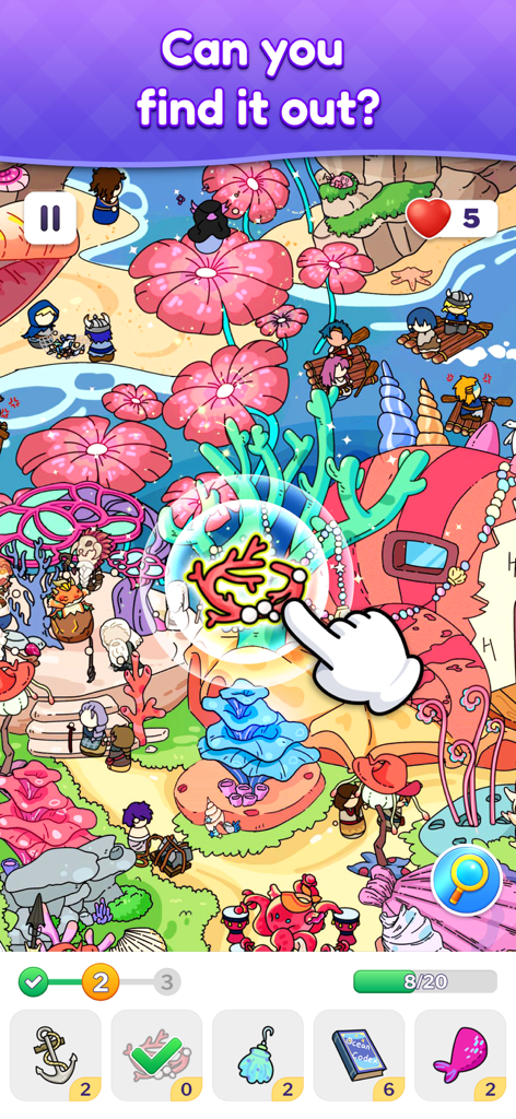 Uma cena colorida de jogo de objetos escondidos mostrando um jogador encontrando um item de coral em um vibrante mundo subaquático.
