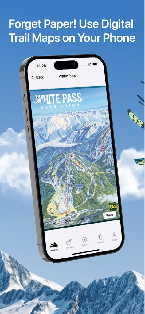 Ski Slopes Maps NEU - Smartphone, das eine digitale Skigebietskarte für White Pass Washington anzeigt.
