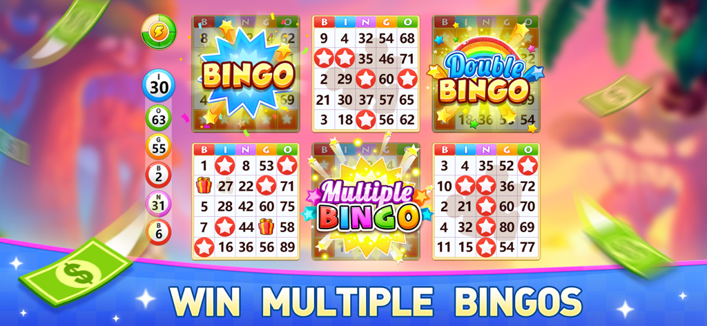 Bingo Vacation - Bingo Games - A colorful mobile game screen showing six bingo cards with multiple winning badges like Double Bingo and Multiple Bingo against a tropical background.