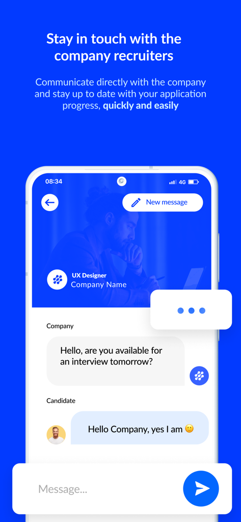 Plooral: Career & Jobs - Mobile screen showing a chat between a recruiter and a candidate in the Plooral job app