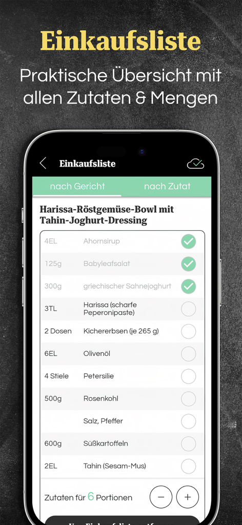 EAT CLUB – Rezepte & Kochen - EAT CLUB App-Oberfläche mit einer Einkaufsliste für Rezepte und Zutatenmengen