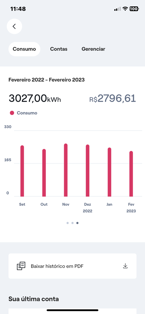 Enel São Paulo - Energy consumption bar chart and billing history in the Enel Sao Paulo mobile app