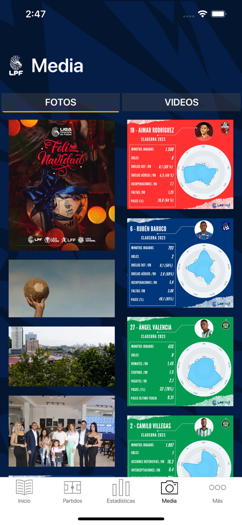 Liga Panameña de Fútbol - Sección multimedia de la aplicación Liga Panameña de Fútbol que muestra fotos e infografías de estadísticas de jugadores.