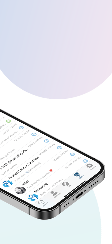 Deltapath Mobile - Business messaging and team chat interface on the Deltapath Mobile app showing message history and navigation menu
