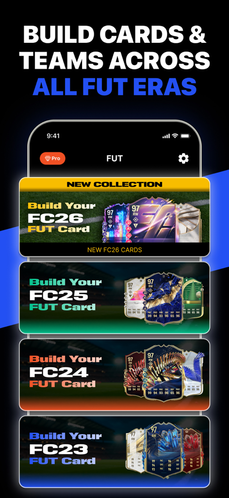 FC 26 FUT Card Creator - Interface of the FC 26 FUT Card Creator app showing options to build cards for FC 26 FC 25 FC 24 and FC 23 eras
