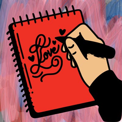 a hand writing “love” in calligraphy on a notebook