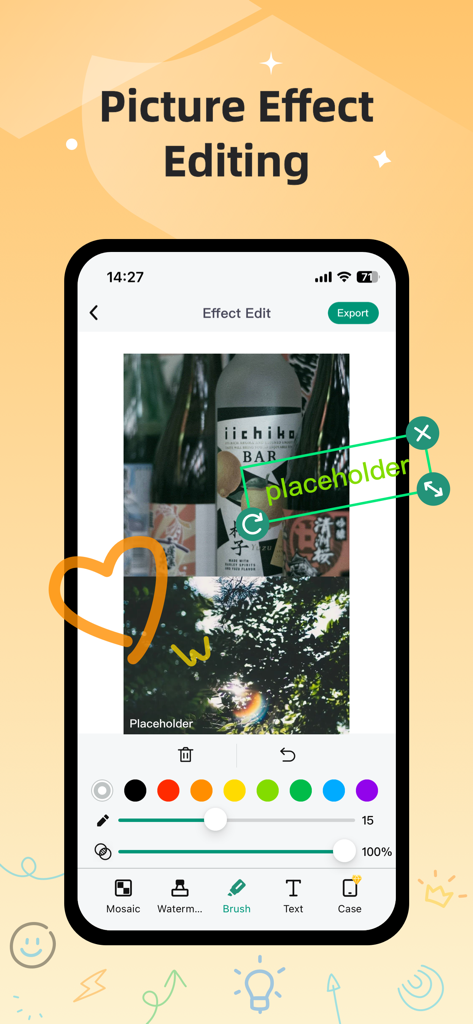 Pic Stitch：stitch long image - Interface de l'application Pic Stitch montrant les outils d'édition d'effets d'image, y compris le pinceau et le texte