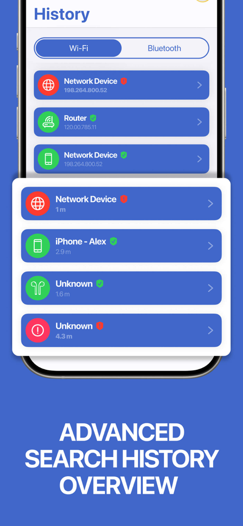 Interface of the Hidden Camera Detector app displaying an advanced search history of detected Wi-Fi and Bluetooth devices
