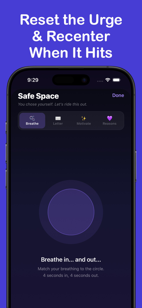 Detach: No Contact Tracker - Recurso Espaço Seguro no aplicativo Detach mostrando um exercício de respiração guiada para gerenciar impulsos emocionais após um término.