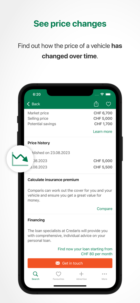 Interface of the Comparis Car Marketplace app showing a vehicle price history and savings analysis in Switzerland