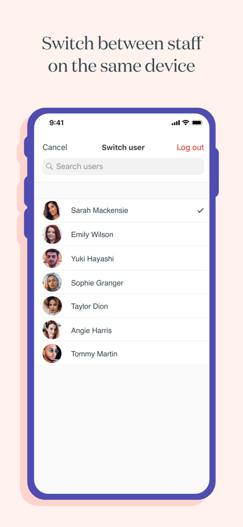 Timely – Bookings & payments - A mobile interface of the Timely app showing a Switch User screen with a list of salon staff profiles including names and photos.